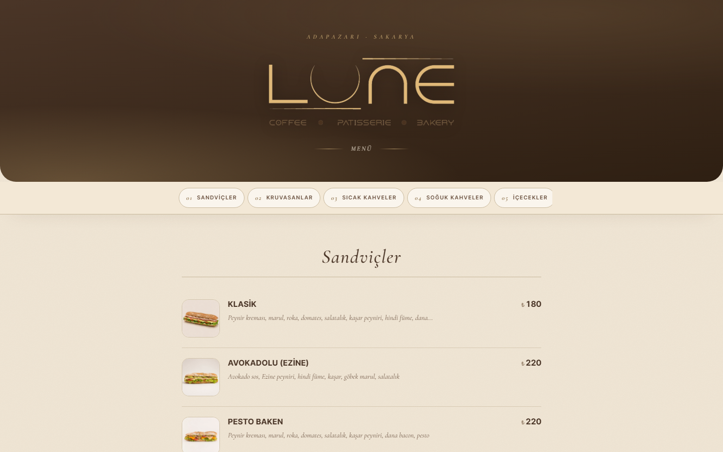 LUNE Coffee Patisserie Bakery karekodlu menü